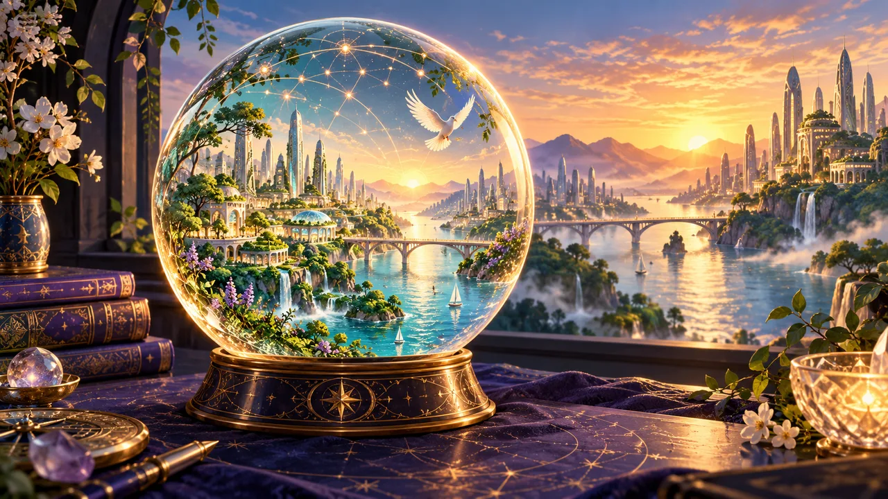 Fantasie-illustratie van een kristallen bol met een groene toekomststad, bruggen en een witte duif.